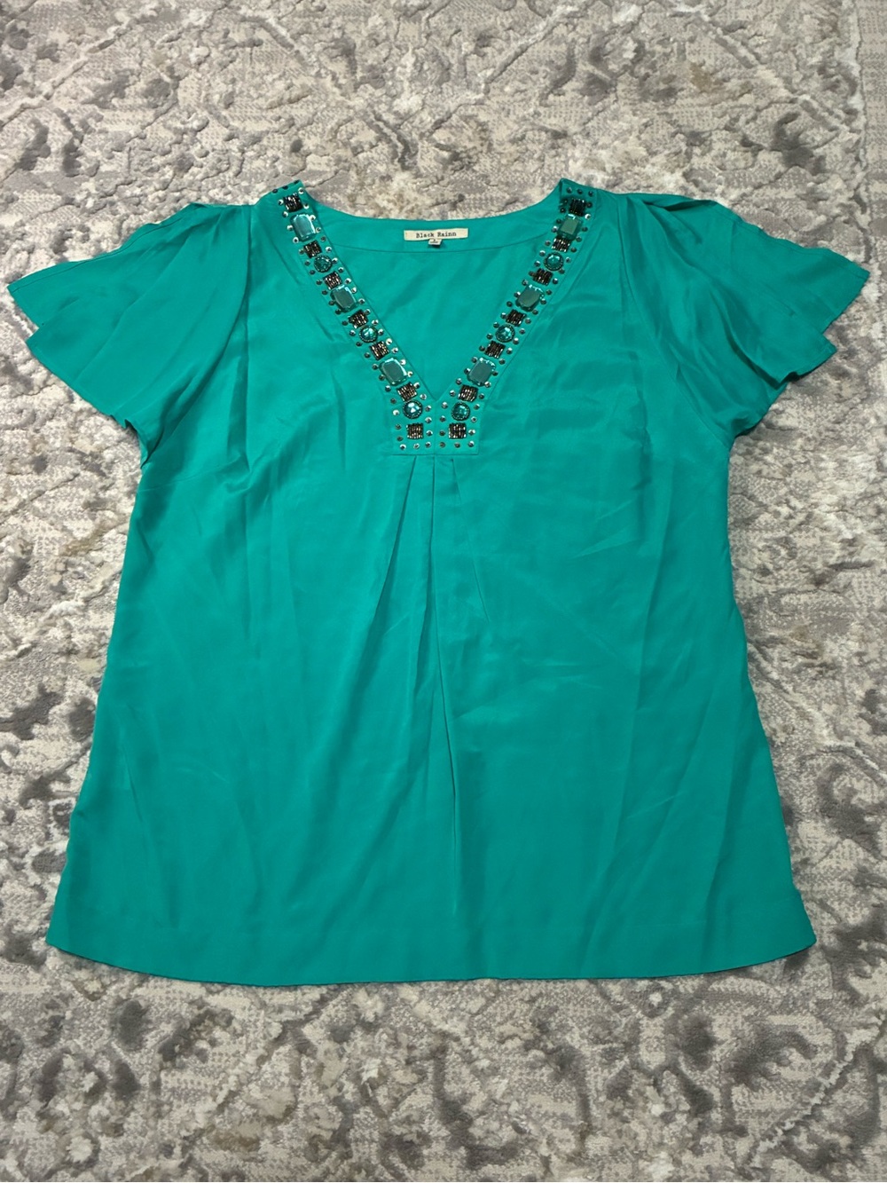 Black Rainn Teal Embellished V-Neck Blouse